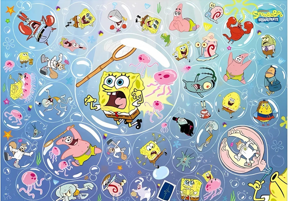 Close-up of full SpongeBob puzzle artwork showing SpongeBob, Patrick, and jellyfish in floating bubbles