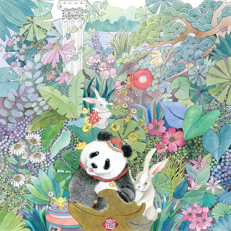 Close-up of the completed Fortune Panda puzzle illustration showing a smiling panda, white rabbits, and floating gold coins.
