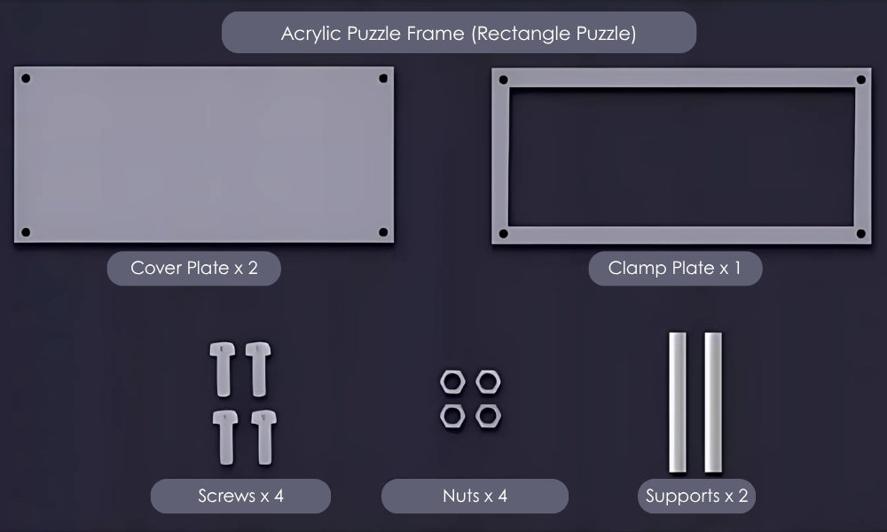 Assembly diagram showing parts of acrylic rectangle puzzle frame with labels.