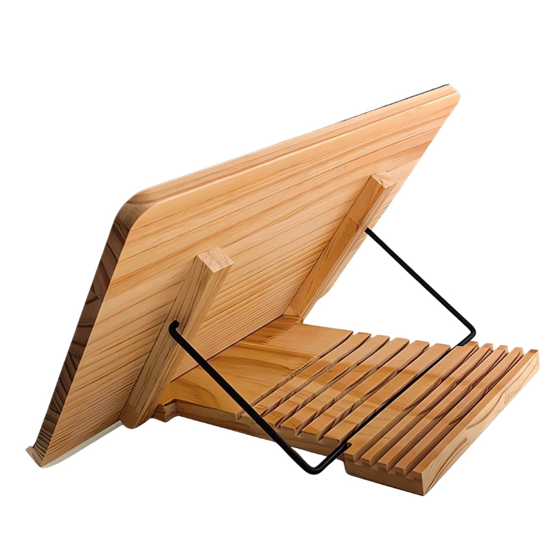 Adjustable wooden puzzle easel with grooved base and black metal supports.