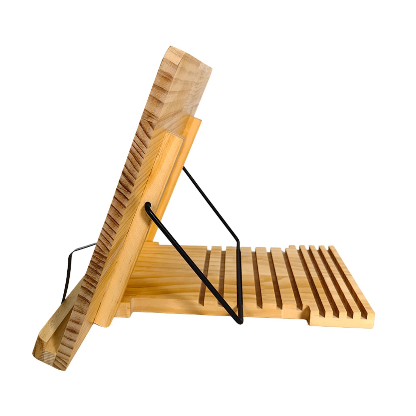 Adjustable wooden puzzle easel with grooved base and black metal supports.