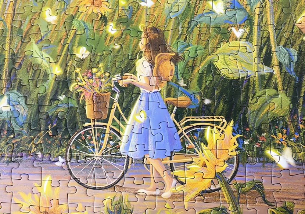 Puzzle detail showing girl in blue dress walking bike with basket of flowers.