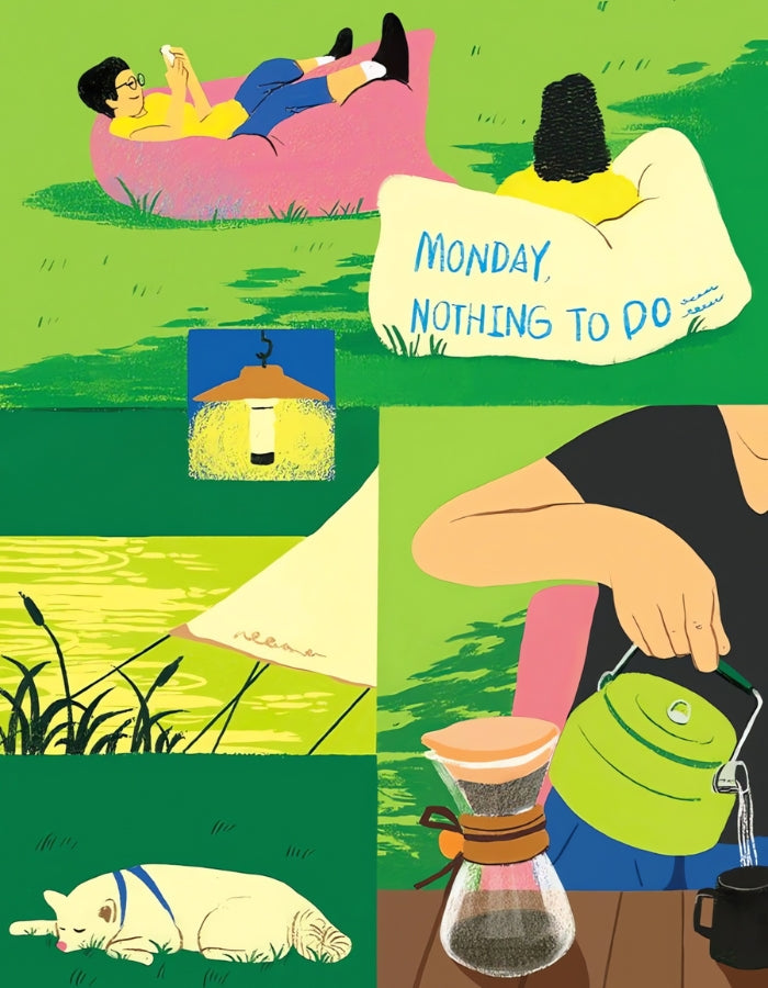 Camping Diary puzzle artwork featuring illustrations of relaxation, coffee brewing, and resting cat