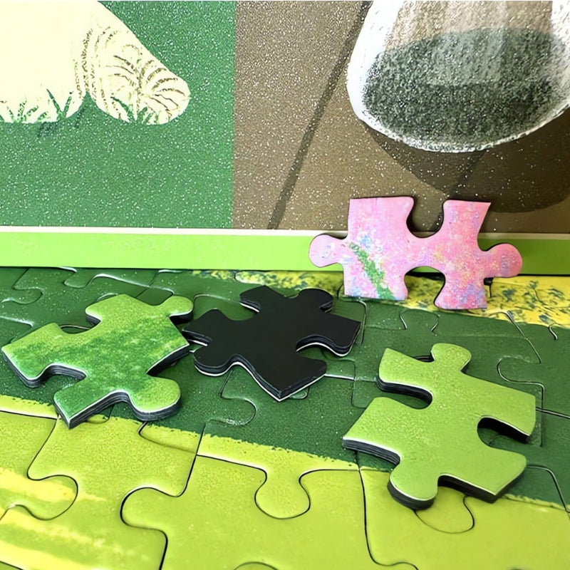 Close-up of Botop puzzle pieces from Camping Diary design showing smooth edges and soft colours