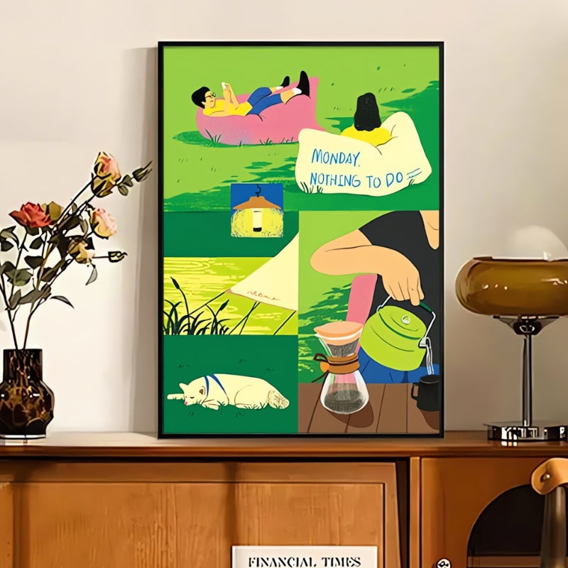 Framed Camping Diary puzzle displayed in living room with bold green design and casual cartoon scenes