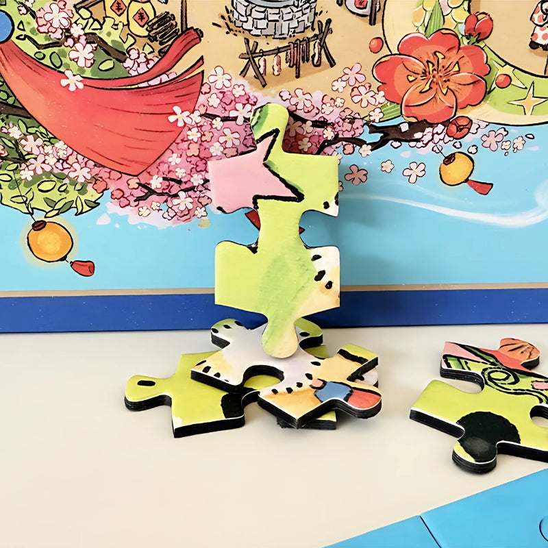 Stacked BOTOP puzzle pieces showing their thickness and premium print quality, set against part of the finished puzzle