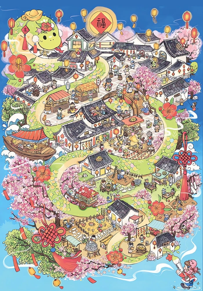 Full vertical poster view of the Draw Snake puzzle with a winding village road, cherry blossoms, and detailed mini figures
