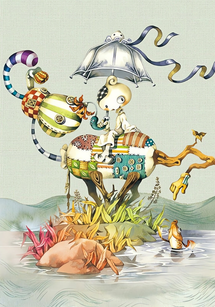 Full artwork of Fantasy World puzzle with a surreal patchwork scene including quirky characters, colourful leaves, and floati