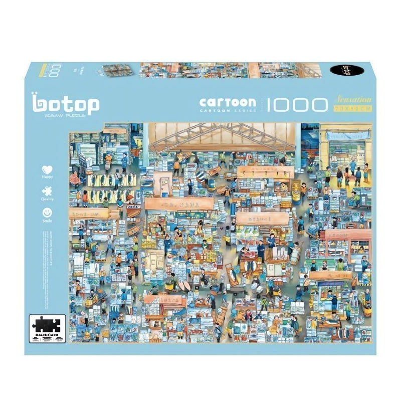 Box of Botop 1000 piece puzzle featuring a bustling cartoon-style fish market scene
