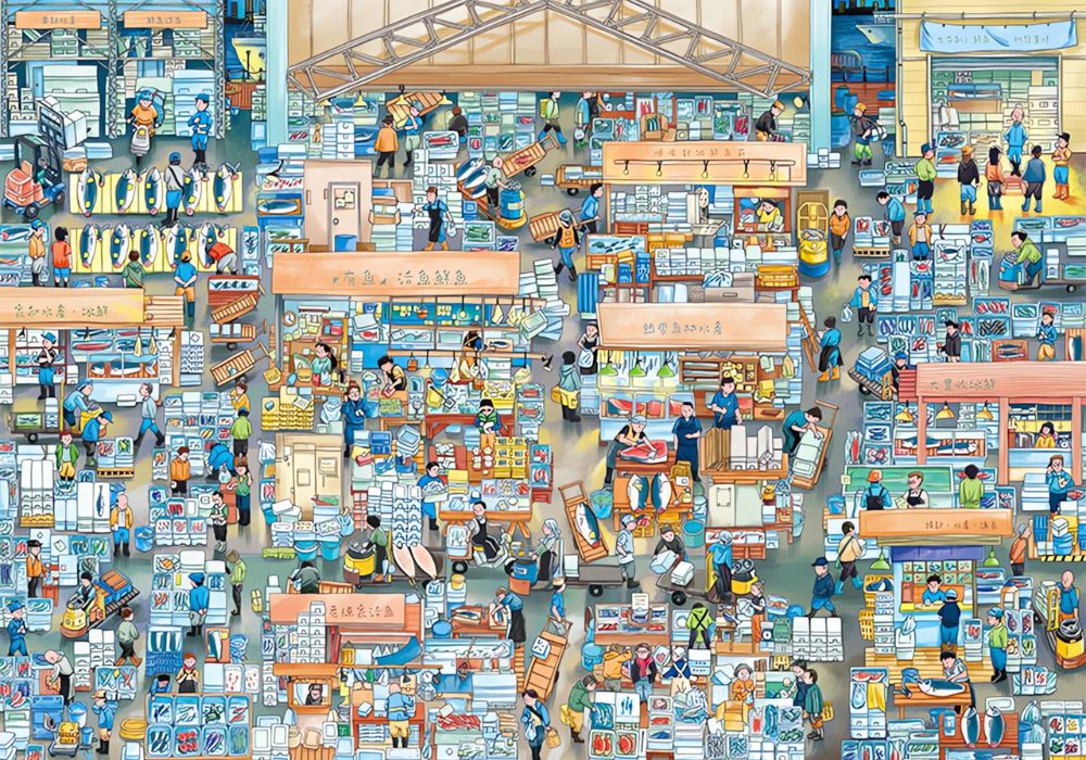 Close-up of the Fish Market puzzle image showing market stalls, seafood vendors, and busy shoppers