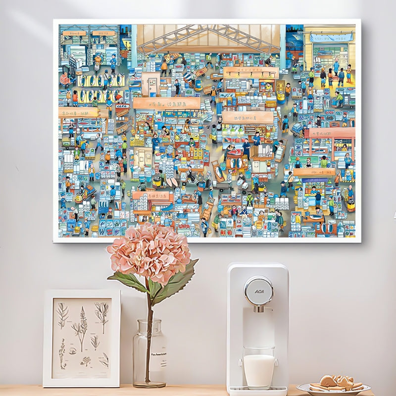 Framed Fish Market puzzle on wall above a desk, highlighting the detailed and playful market scene