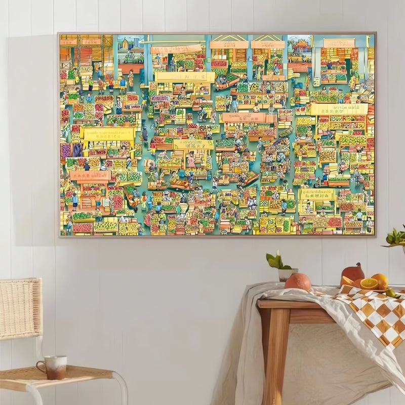 Completed Fruit Market puzzle framed on wall, showing vibrant cartoon market scene