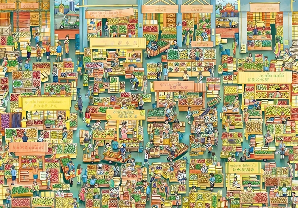 Close-up of Fruit Market puzzle with detailed fruit stalls, busy shoppers and signage