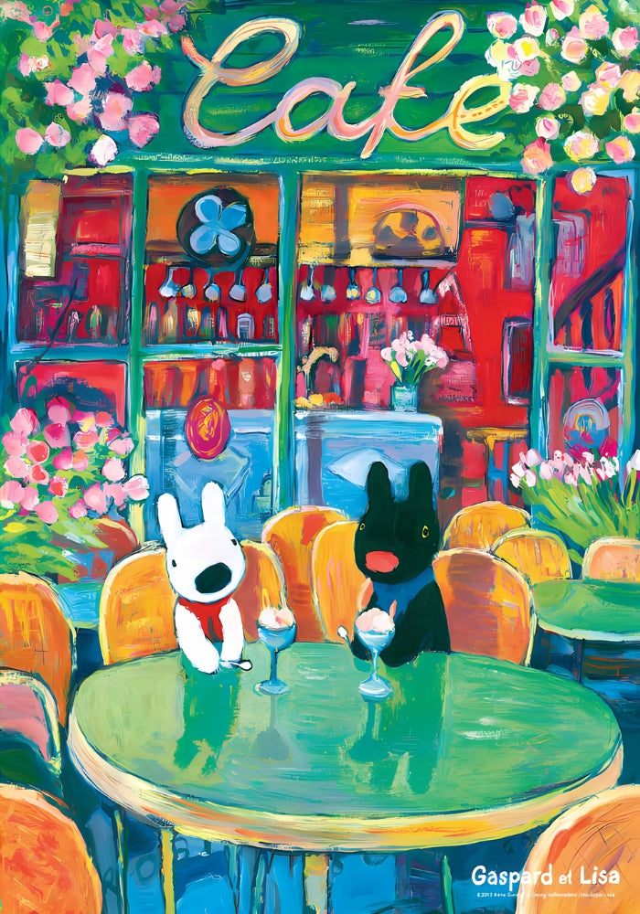 Gaspard and Lisa sitting at a green table with desserts outside a colourful Paris café with pink flowers and a bold green awn