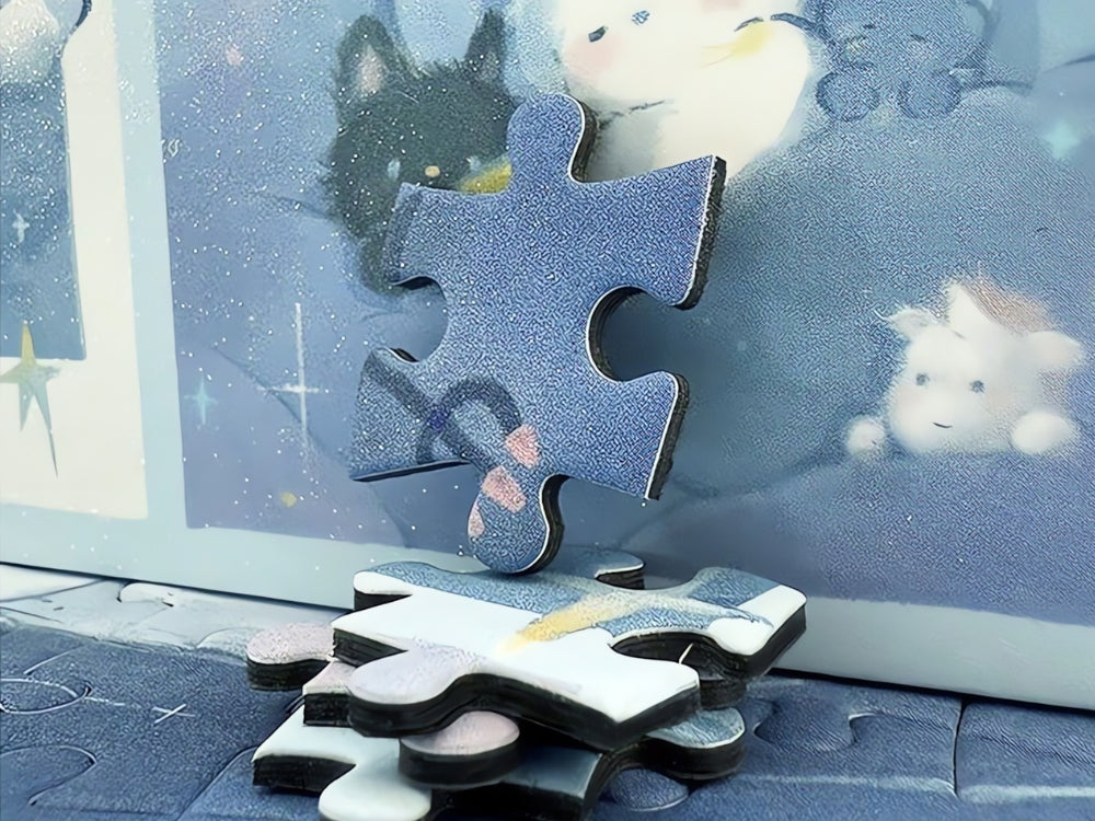 Close-up of Botop puzzle piece stack showing smooth surface and pastel cartoon detail