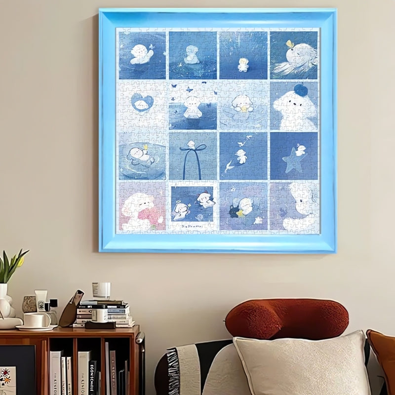 Framed Botop cartoon grid puzzle with blue border, displayed on living room wall above bookshelves