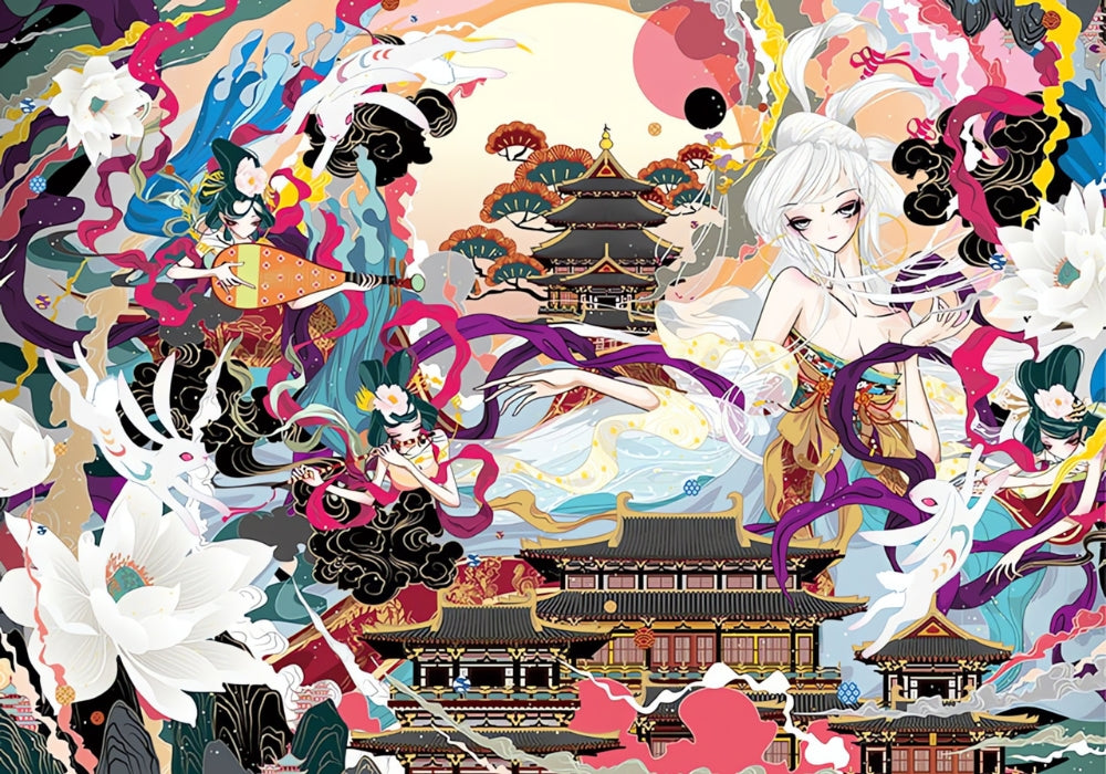 Detailed close-up of Hua Culture Girl puzzle artwork showing a white-haired girl in flowing garments amid colourful palace an
