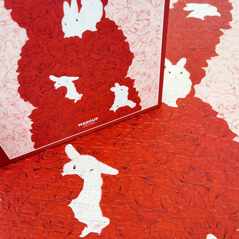 Close-up of completed puzzle showing red rose bunny with white rabbits near the box