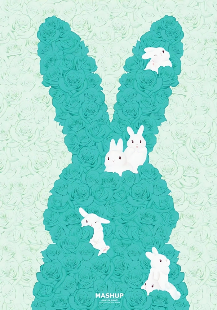 White bunnies nestled in teal rose bunny shape on pastel floral background