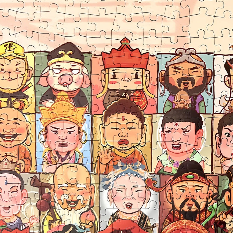 Close-up of assembled Journey West puzzle highlighting detailed cartoon faces and expressions from the top section