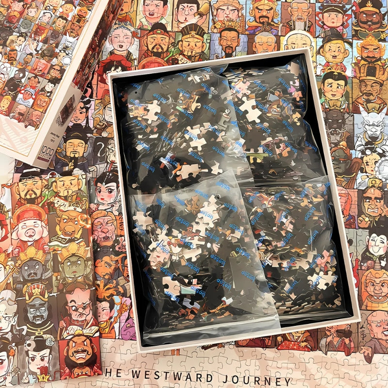Open box of Journey West puzzle showing neatly packed 1000 pieces over the nearly completed cartoon character grid