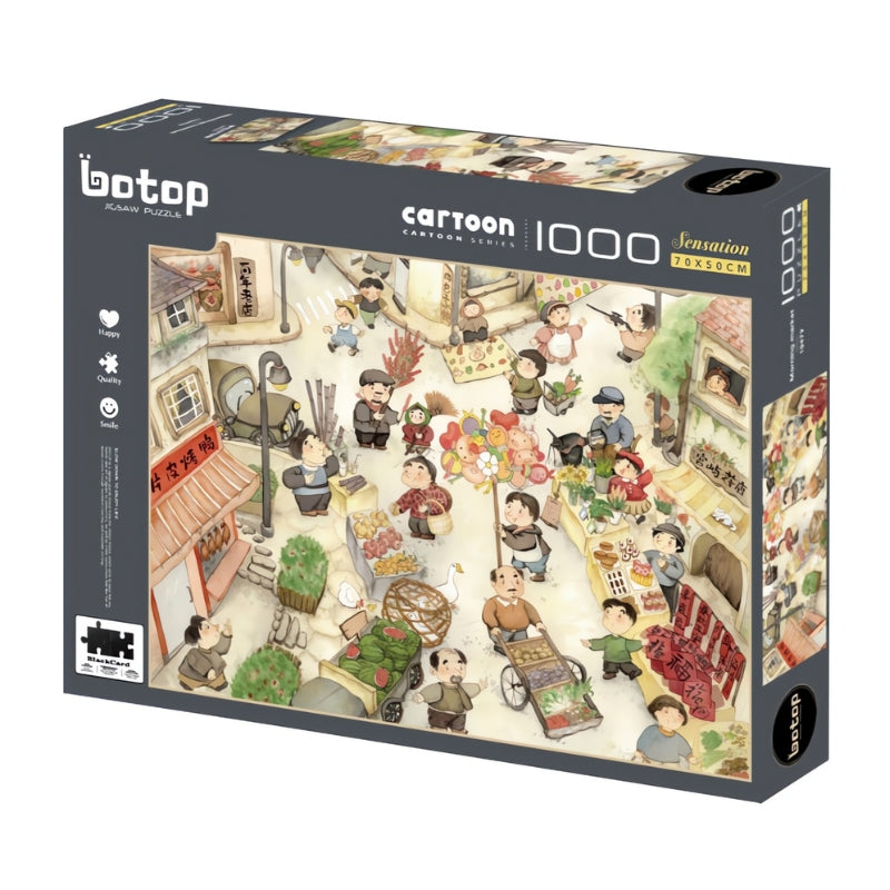 Morning Market puzzle box by Botop, 1000 pieces, featuring a lively cartoon street scene