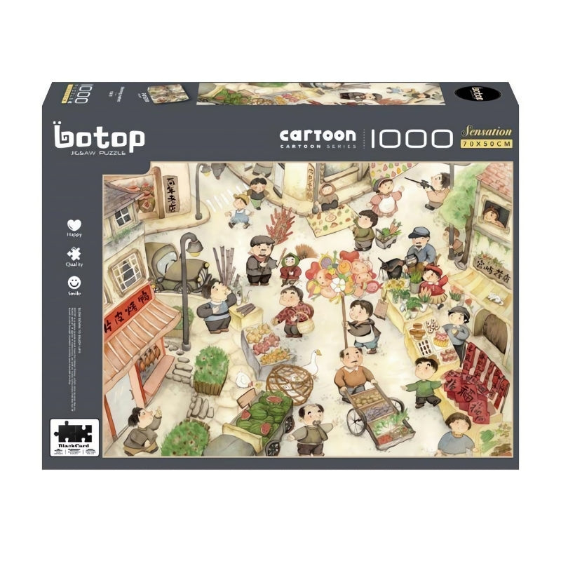 Morning Market puzzle box by Botop, 1000 pieces, featuring a lively cartoon street scene