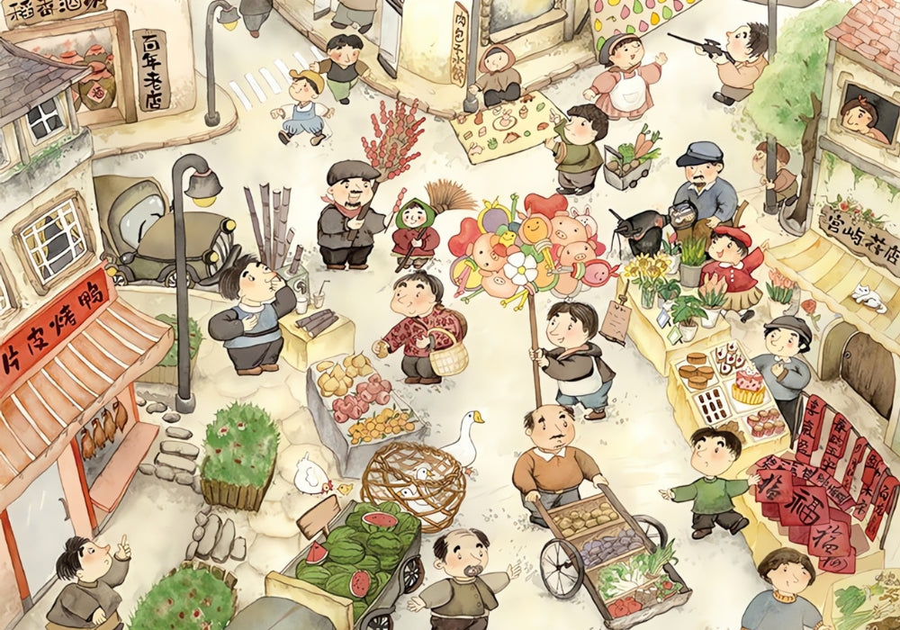 Cartoon-style morning market puzzle scene with vendors, shoppers, and food stalls