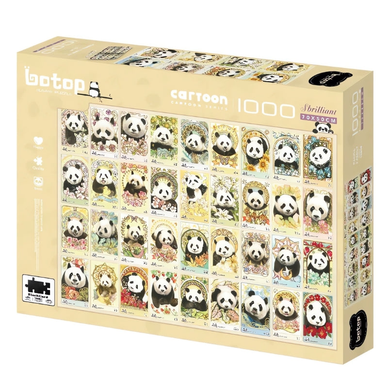 Botop Panda Family 1000 piece puzzle box featuring a grid of illustrated pandas in floral and decorative frames