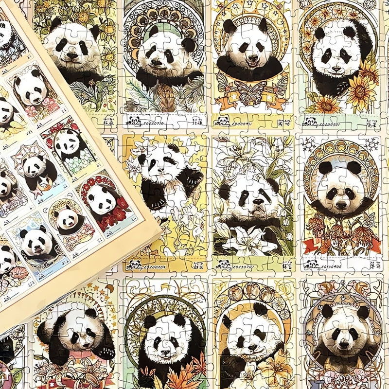 Completed Panda Family puzzle with box showing detailed grid of cartoon pandas in decorative frames