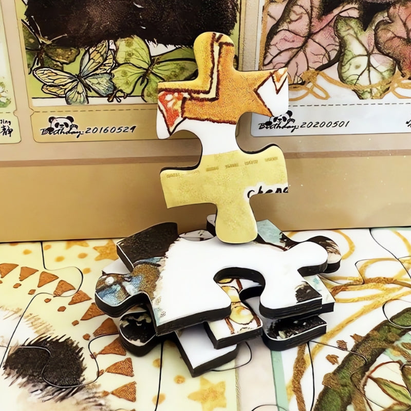 Close-up of stacked Panda Family puzzle pieces showing thick cut and colourful surface design