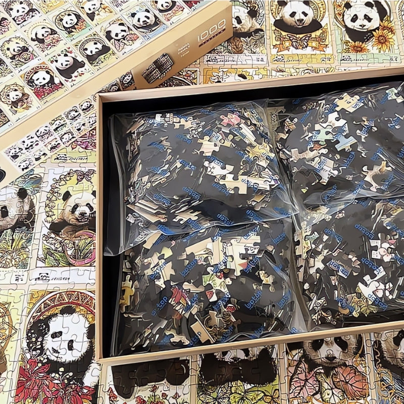 Botop Panda Family puzzle showing four sorted bags of pieces over the completed panda illustration
