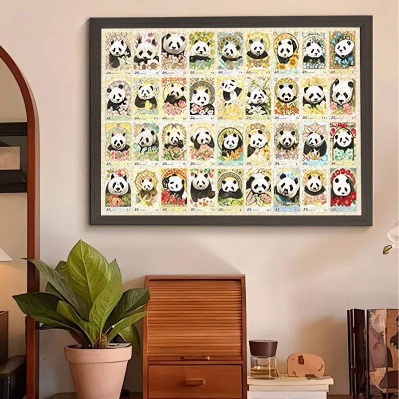 Framed Panda Family 1000 piece puzzle displayed in a living room with grid of cute panda portraits