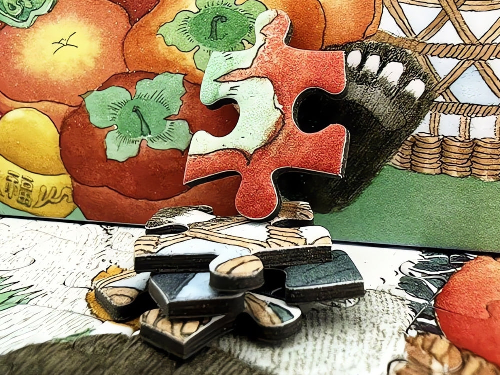 Close-up of Botop puzzle pieces showing vibrant fruit details, clean edges, and snug fit