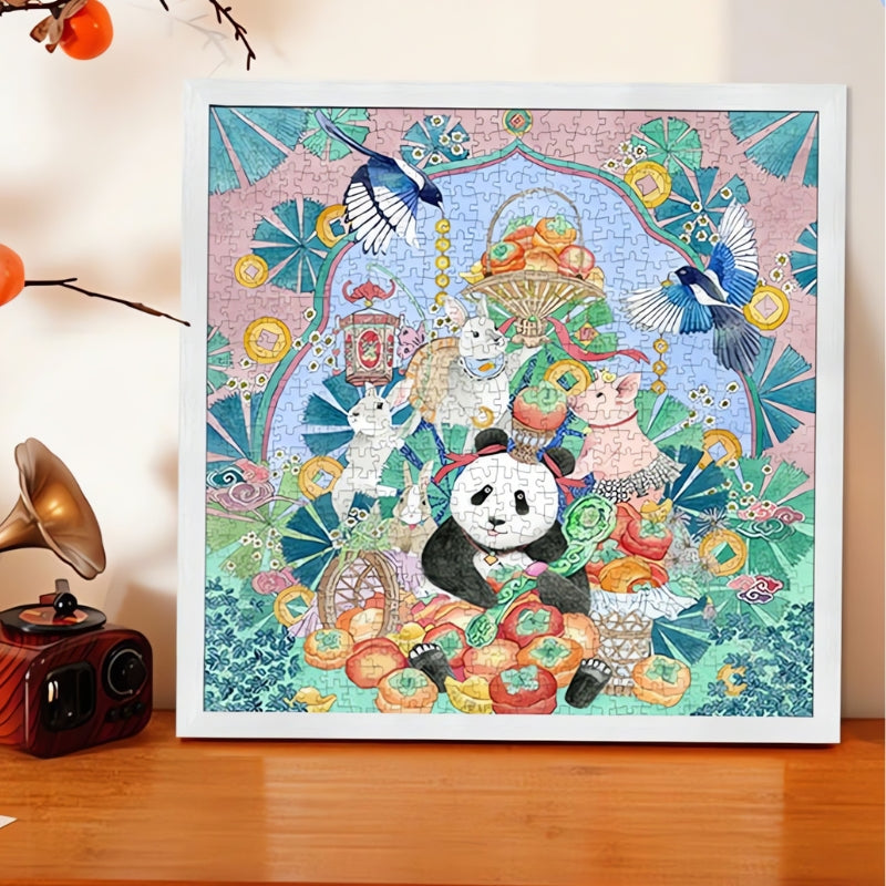 Framed Botop panda and animals puzzle displayed on a shelf, featuring festive fruit scene with bluebirds and rabbits