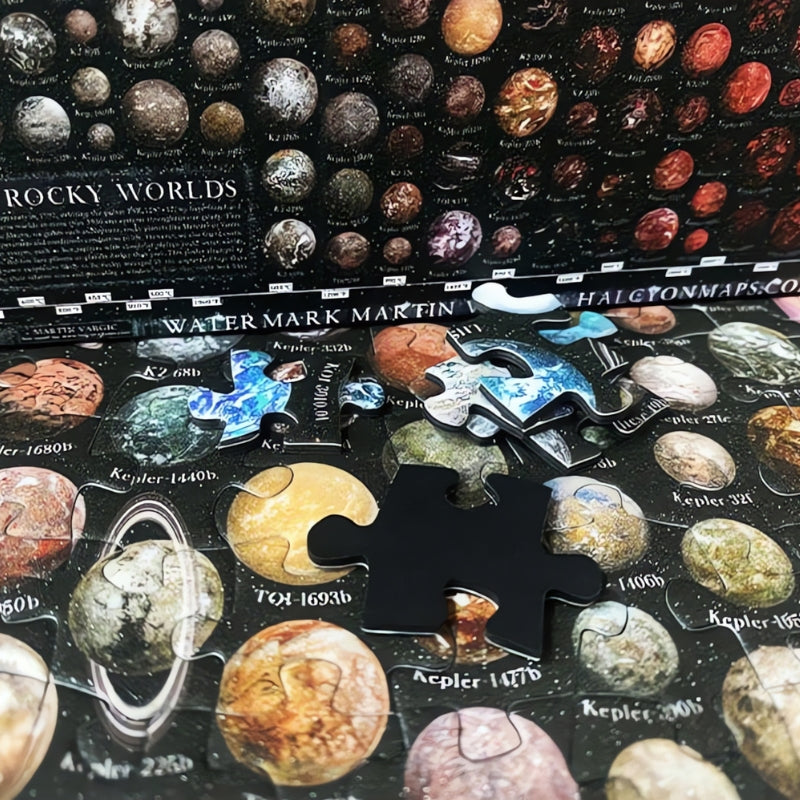 Close-up of Universe puzzle pieces showing planet textures and snug fit