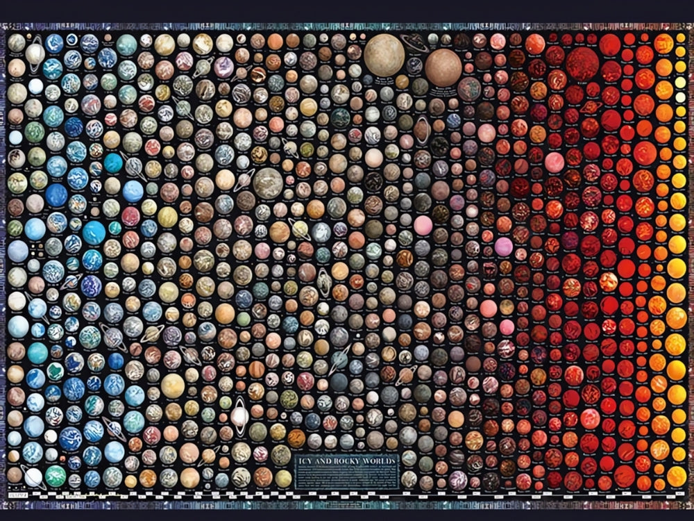 Full artwork of Universe puzzle featuring over 400 illustrated planets in gradient colour grid