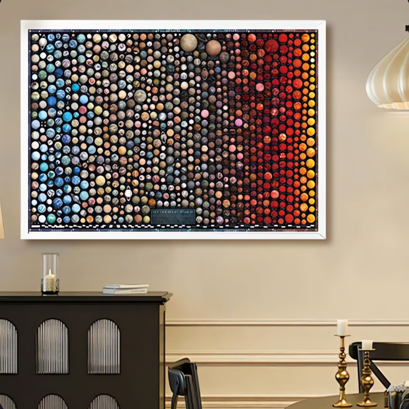 Framed Universe puzzle displayed on wall, showing colourful planets arranged by temperature and type