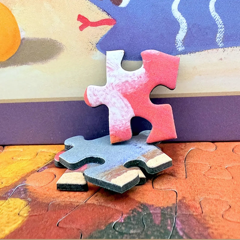 Close-up of thick puzzle pieces from Wufu Treasure, showing quality cardboard texture and print.