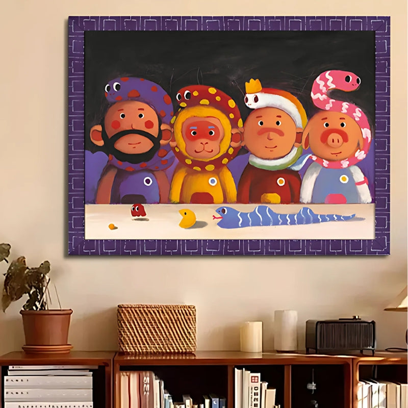 Wufu Treasure puzzle framed and displayed on a wall, showing its bold and decorative style.