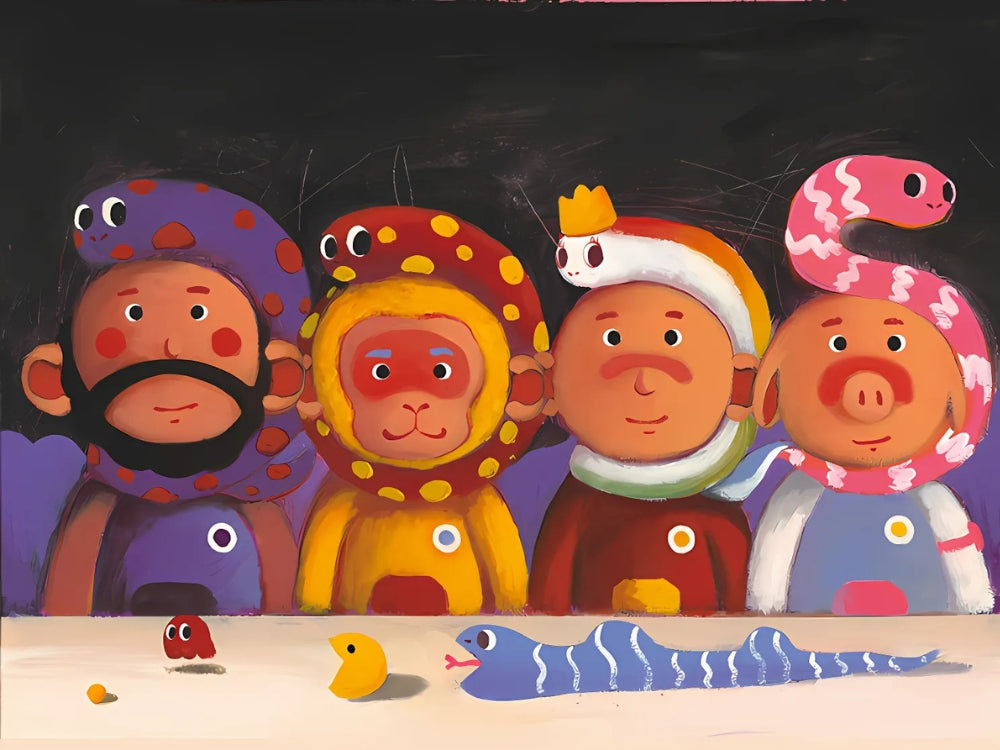 Close-up view of Wufu Treasure puzzle artwork showing whimsical characters and playful creatures.