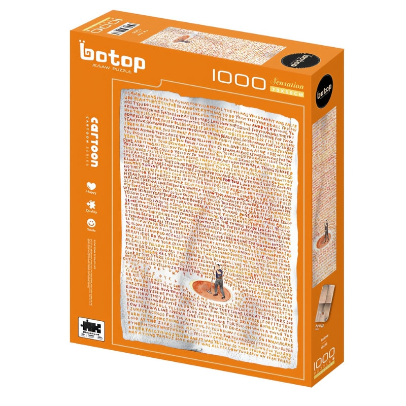 Yellow puzzle box by Botop, 1000 pieces, orange box with handwritten lyrics and singer
