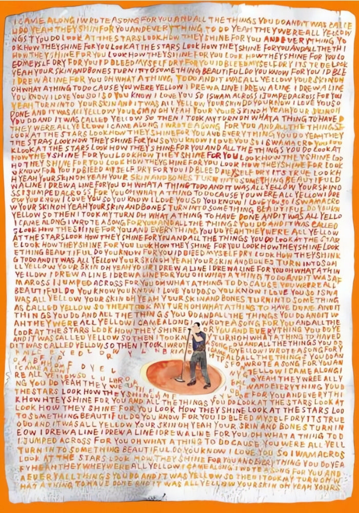 Yellow puzzle full artwork showing a singer on orange stage with lyrics background