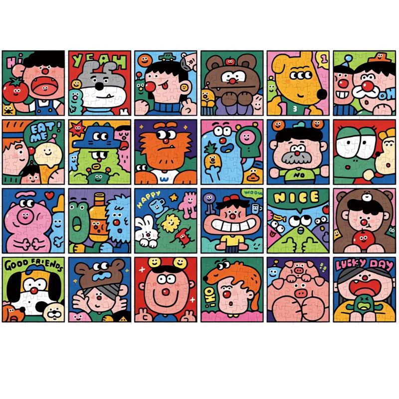 Completed Dopamine puzzle with colourful squares of bold cartoon characters and fun words