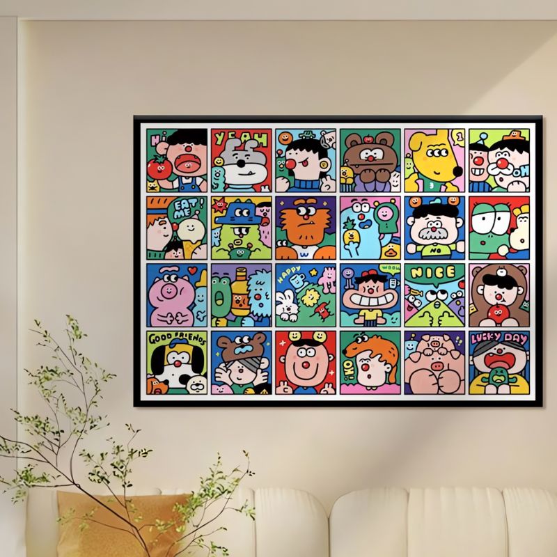 Framed Dopamine puzzle displayed above a couch with colourful cartoon squares
