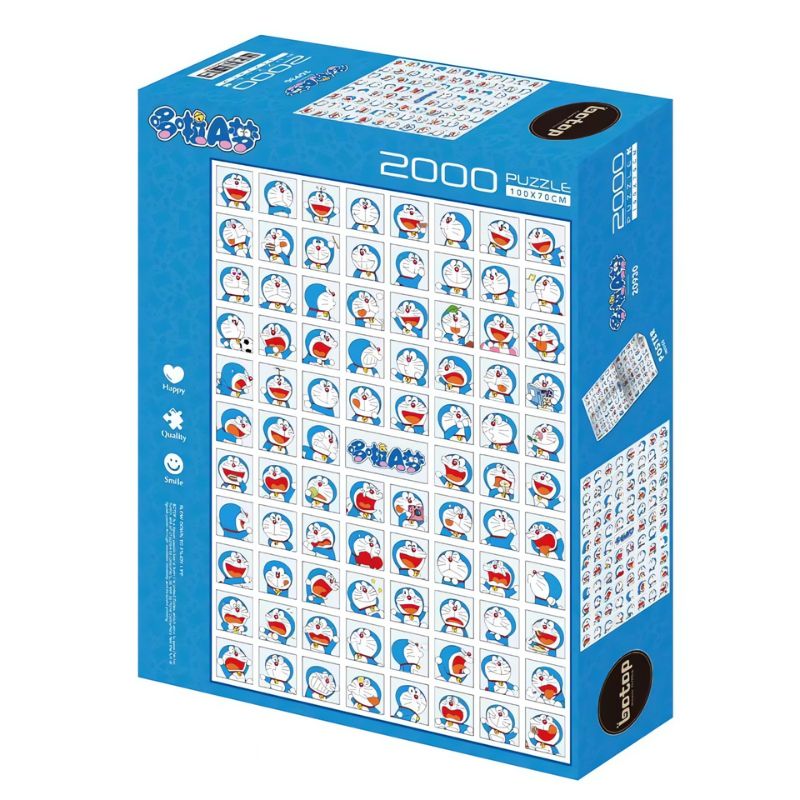 Puzzle box with grid of Doraemon's many facial expressions on blue background