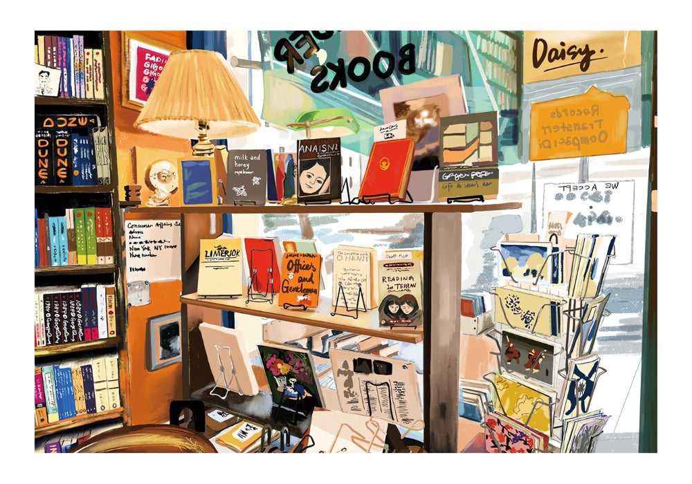Illustrated puzzle showing a warm bookstore interior with bookshelves, postcards, and a glowing lamp.
