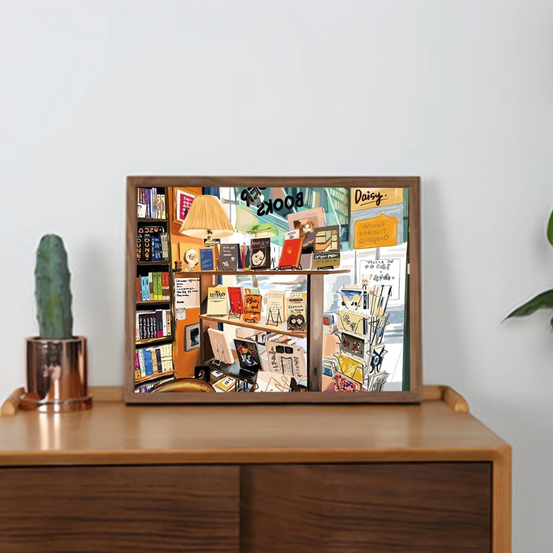 Completed Bookstore puzzle framed on a wooden table with a cactus and minimal decor.