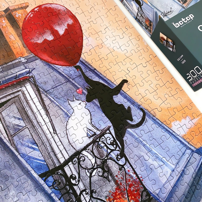 Detailed puzzle of two cats on a balcony, one floating with a red balloon