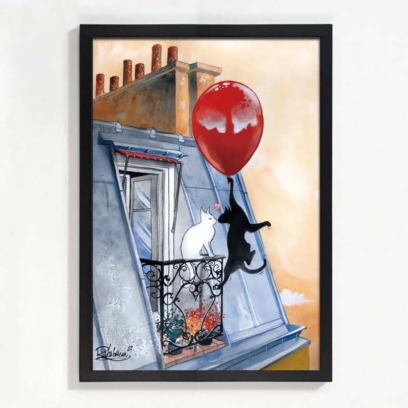 Framed Cat Love puzzle showing romantic rooftop scene with two cats and a red balloon